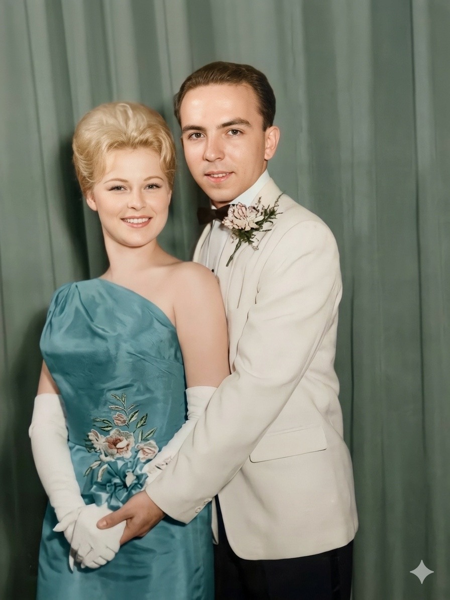 A young Larry and Joan dressed for a formal occasion.